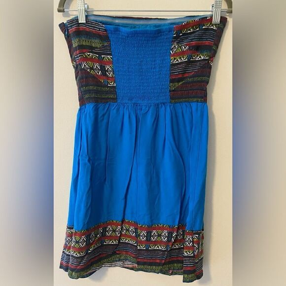 Silence & Noise, Blue Strapless Mini with Boho Print across edges, Size M - Picture 6 of 9